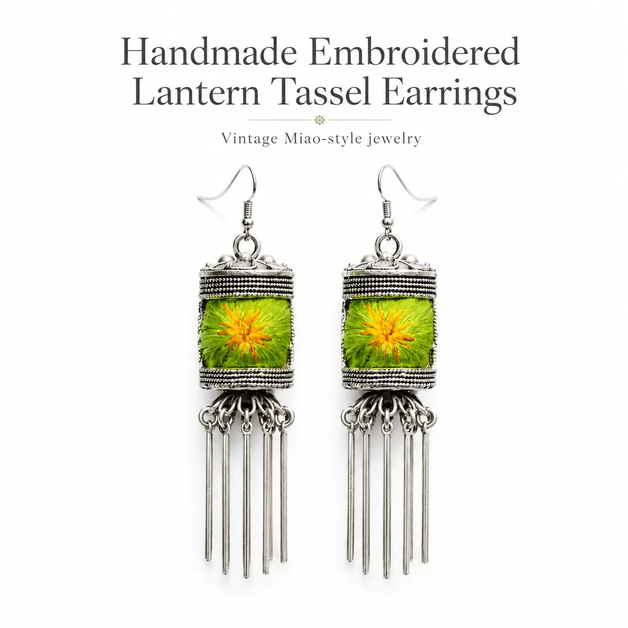 Handmade Lantern Tassel Dangle Earrings with Flat Embroidery, Handmade Textile Jewelry Gift, Artistry, Elegant, Inspirational Design, Gifts For Women, Culture