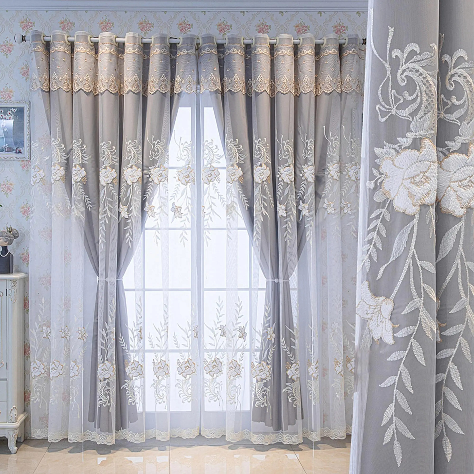 Embroidered Curtain, 1 Count Modern Simple Double Layer Curtain, Heat Insulation & Sun Protection Curtain, Home Decor for Living Room Bedroom