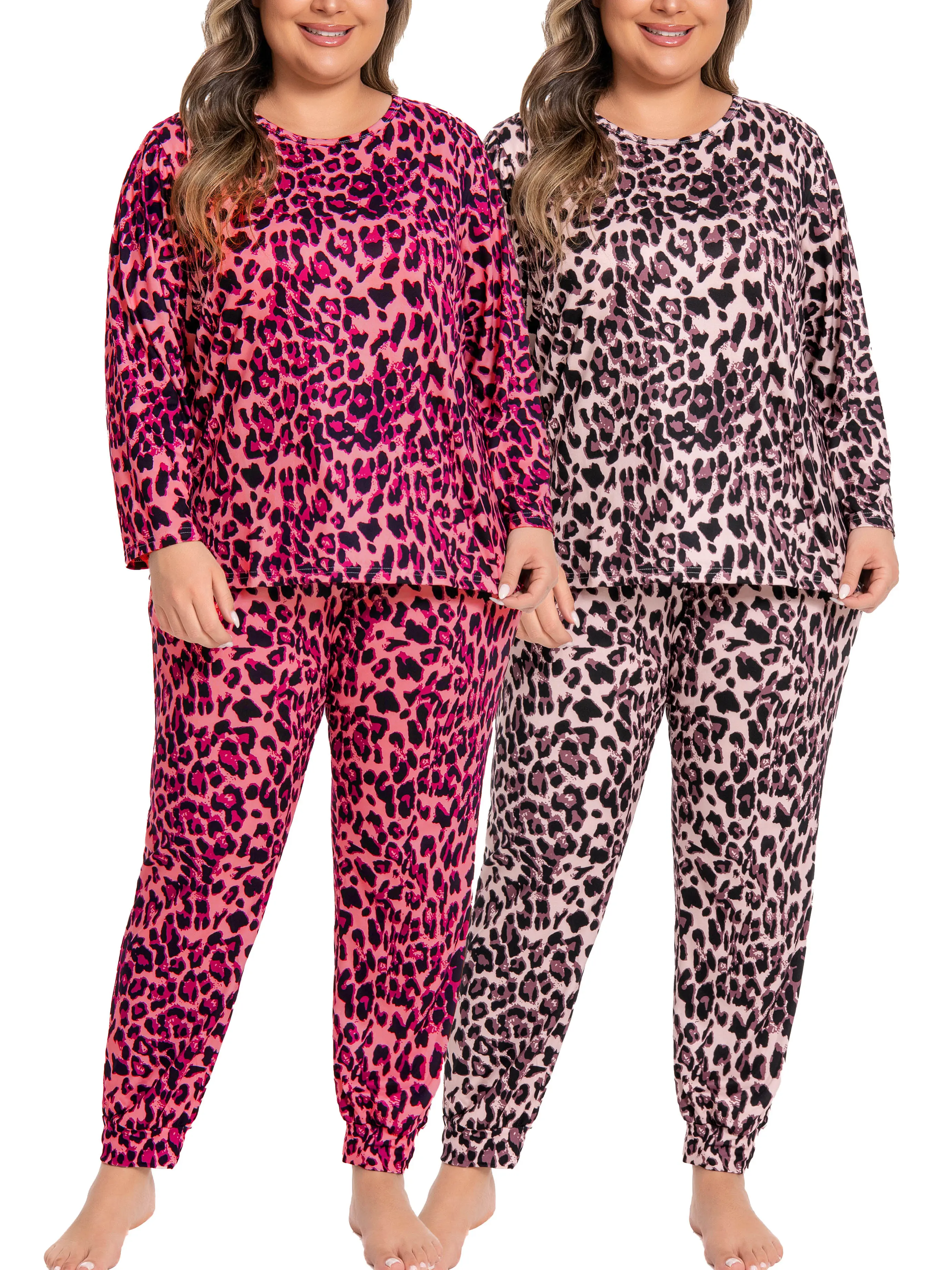 Women's Plus Size 2-Piece Round Neck Long Sleeve Smooth Retro Lightweight Elastic Milk Silk Colorful Leopard Print Pajama Set - Jogger Loungewear, Everyday Casual Sleepwear for Pajama Parties, Fabric