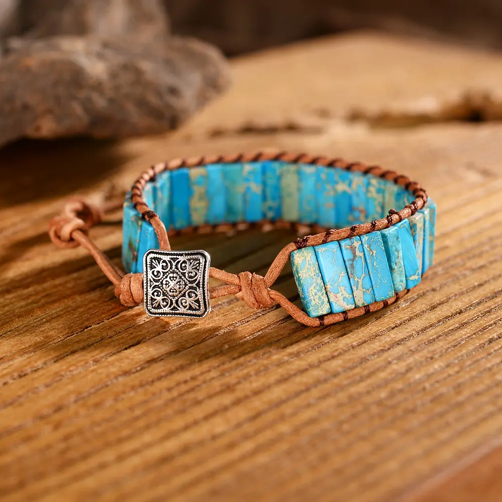 Bohemian Ocean Jasper Bracelet with Braided Leather Strap, Adjustable Unisex Jewelry for Stress Relief and Relaxation, Daily Wear, Handmade Bracelet, Adults, Adjustable Size, 6.3" Length, 3 Loops For Adjustment, 6.3 Inches + 3 Loops For Adjustment/Sizing,
