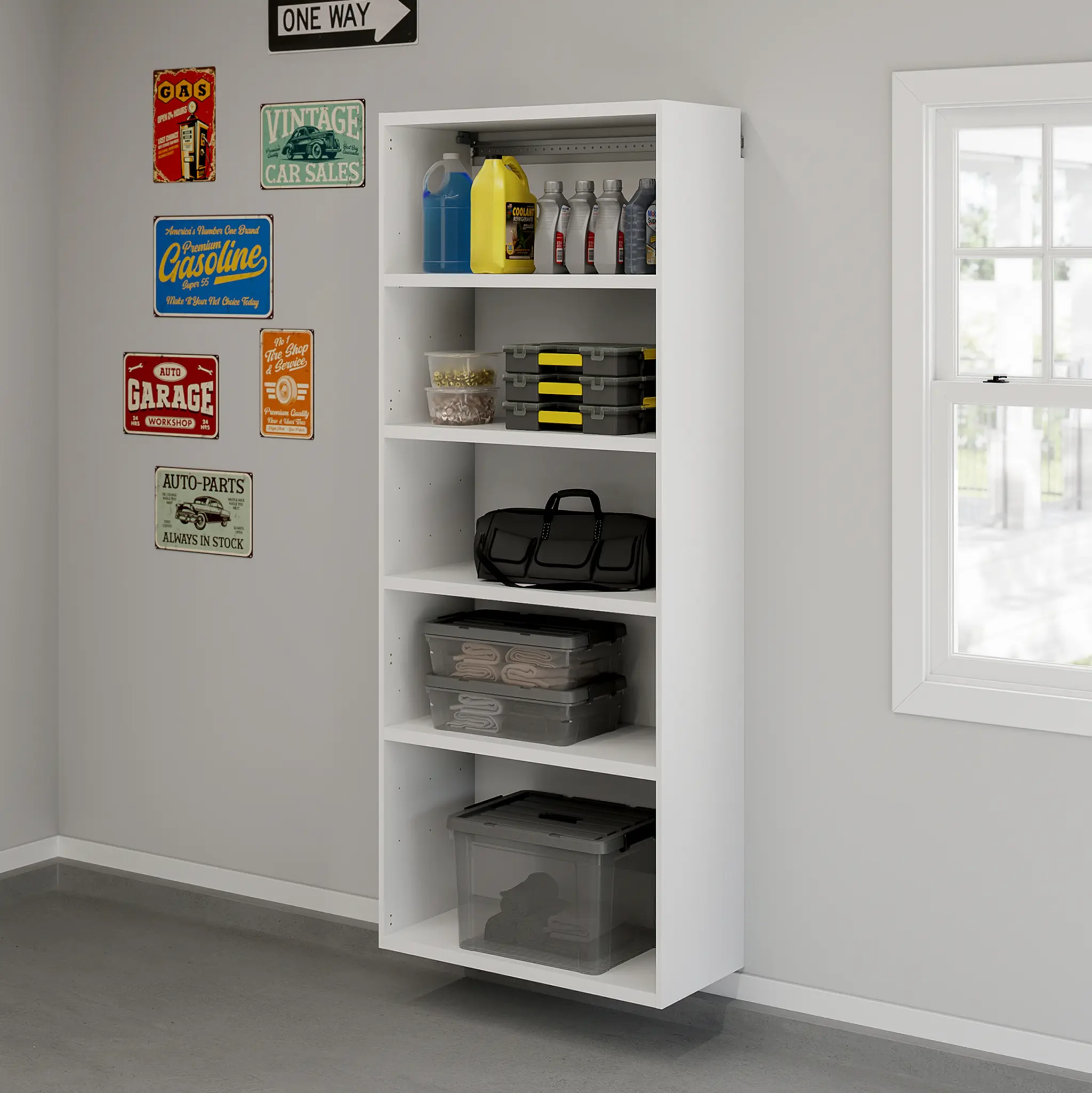 Sauder GarageCore Shallow Wall-Mounted Cabinet with 5 Adjustable Shelves 15.5-Inch Depth Melamine Surface White Finish