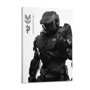Halo Master Chief Spartan 117 Game Poster - Premium frameless wall art for gaming rooms, minimalist modern black and white illustration, the perfect gift for Xbox fans and collectors.