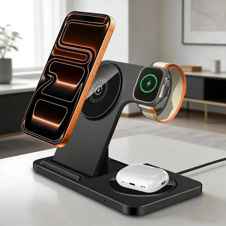 25W Magnetic Wireless Charger Stand For Multiple Devices, Foldable 3 in 1 Fast Charging Dock Station for iPhone 18 17 Pro Max 16 15 14 13 12, Apple Watch Ultra/11/10/9/8/7/6/5/SE/4/3/2, Airpods Pro/4/3/2