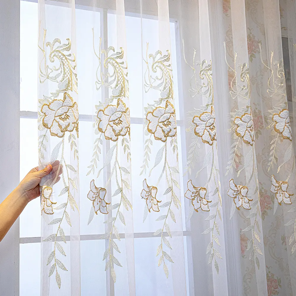 1pc Luxury Minimalist Drapery Sheer Window Curtains, Home Decoration Window Drapes, Embroidered Floral Design for Living Room & Balcony, Breathable Sunshade Fabric