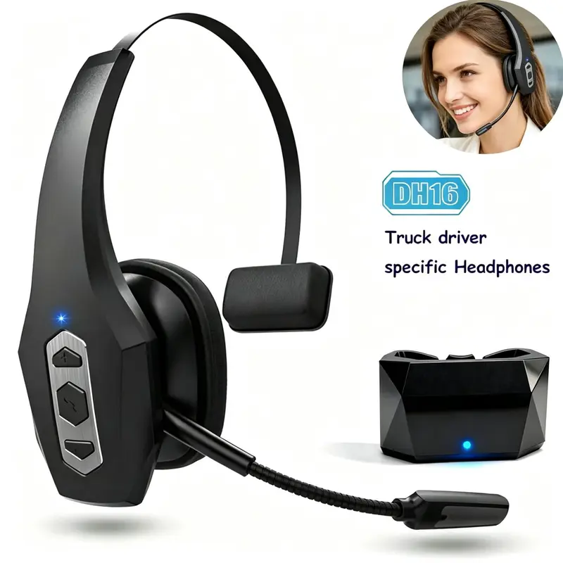 High Quality Adjustable Trucker Bluetooth Headset with Dual Noise Cancelling Mics, Wireless Connection, Button Control for Mobile Devices, Cell Phones, Computers, Laptops, Travel & Work Use, Charging Capability