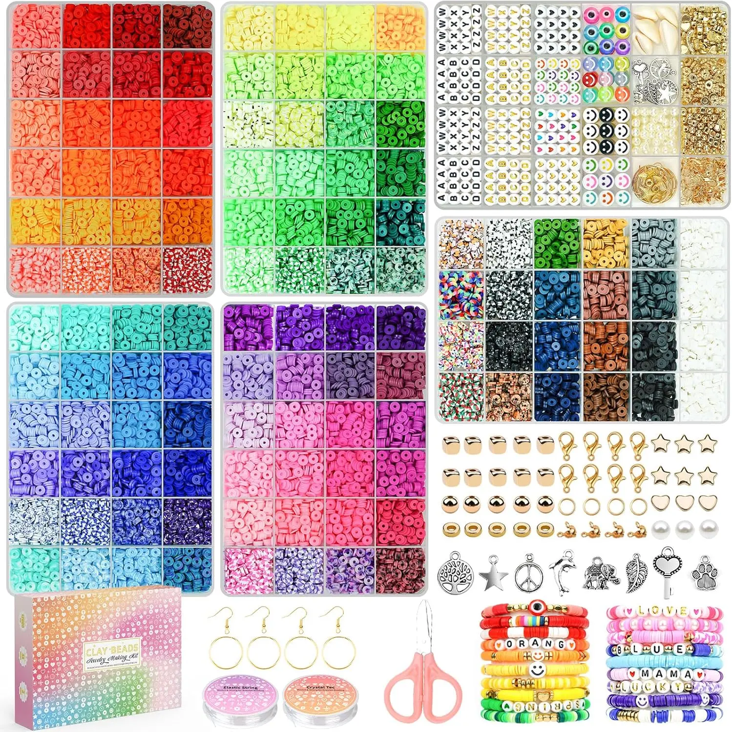 20,000 Pcs Clay Beads Bracelet Making Kit, 6 Boxes Polymer Beads Spacer Heishi Beads & Jewelry Kit with Pendant Charms Elastic Strings, Crafts Gift
