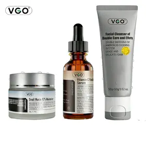 VGO 3-in-1 Complete Skincare Set - Vitamin C Brightening Serum + 92% Snail Mucin Moisturizer 50g + Dual-Tube Cleanser 100g, Brighten Hydrate & Deep Clean, Anti-Aging Repair Sensitive Skin, Vegan Cruelty-Free Paraben-Free