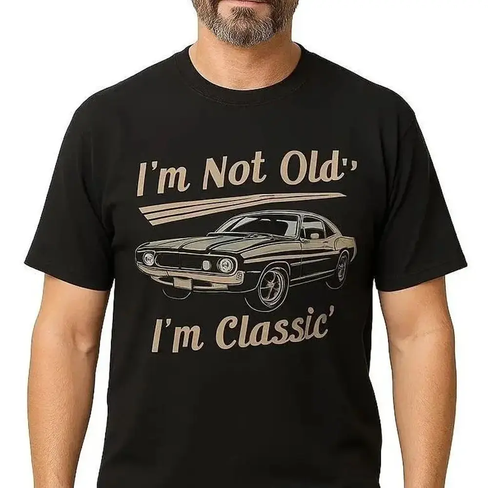 Men's Cotton Crew Neck Short-Sleeve T-Shirt - 90s Aesthetic, 90s Retro, Automotive Graphic, Car Graphic, Classic Car Motif, "I Am Not Old I Am a Classic" Print, Summer Casual Top, USA-Printed, for Casual Wear, 90S Retro Men's Short-Sleeve T-Shirts