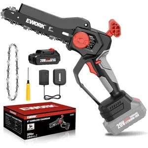EWORK 8-Inch Brushless Mini Chainsaw, Cordless Battery-Powered with Auto-Tension, Lightweight Handheld Chainsaw for Pruning & Wood Cutting (Includes Chains)