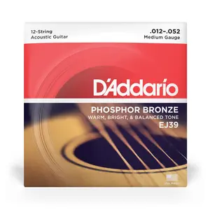 D'Addario EJ39 12-String Phosphor Bronze Acoustic Guitar Strings, Medium, 12-52