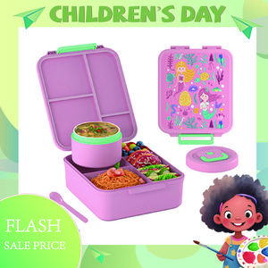 Nifogo Bento Lunch Box Set for Kids with 8oz Soup Thermo 4 Compartment Insulated Hot Food Jar School Travel Gift Kitchen Accessories Blue Tin Canister