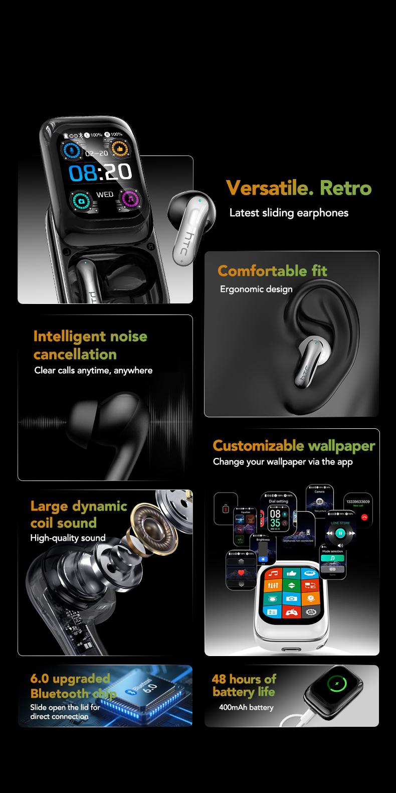 HTC NE48 Slider Earbuds Bluetooth 6.0 Earphones, Multifunctional LED Display Wireless Earphones ,Suitable for Office, Sports, Study and Audio Calls,Built-in Microphone