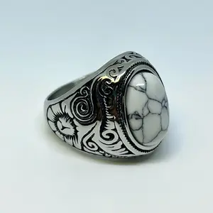 Stainless Steel White Stone Ring – Silver-Tone Vintage Signet Ring