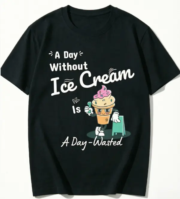 A Day Without Ice Cream Is A Day‑Wasted T‑Shirt, Retro Cartoon Ice Cream Mascot Print Crew Neck Short‑Sleeve Fun Foodie Tee For Men Women