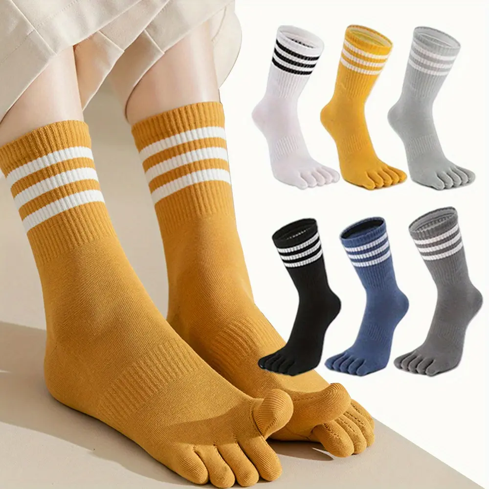 6Pairs Women Toe Socks 5 Finger Wicking Athletic Women'S Striped Knit Calf Socks, Non-Slip Cushioned Toe Socks with Grips for Yoga, Pilates, Fashionable and Simple Socks, Soft, Comfortable