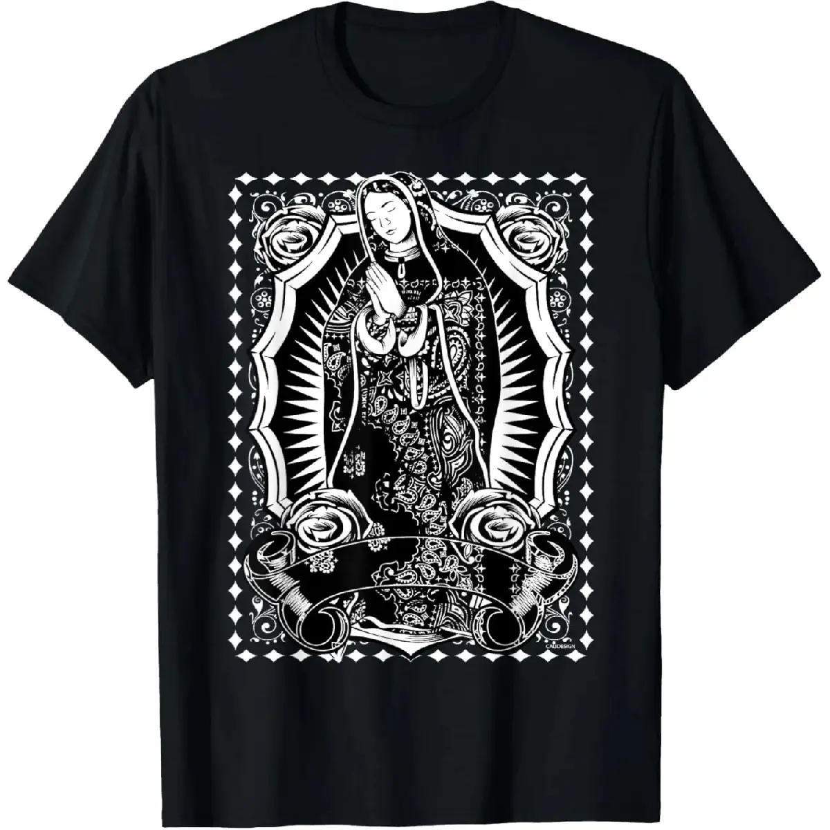 100% cotton Virgin Mary Black White Bandana Print Chicano Art Cholo T-Shirt