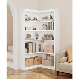 72.8'' Farmhouse L-Shaped Corner Bookcase - Tall 5-Tier Wood Storage Shelf for Living Room, Bedroom,(White,Full Panel)
