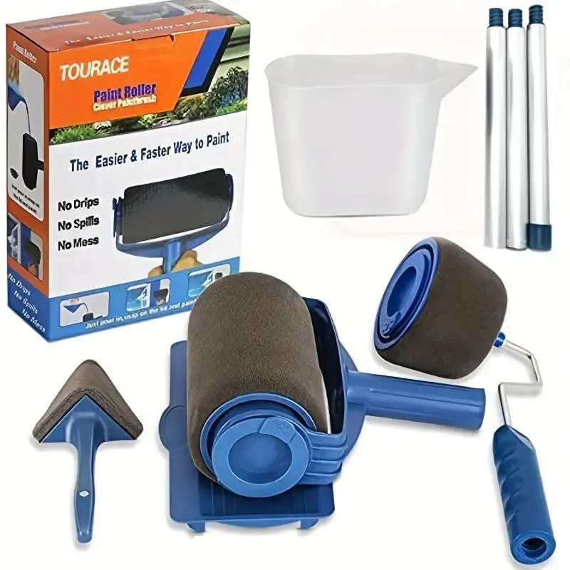 8pcs TouRace Paint Roller Set with Stick for DIY Room Makeover, Includes No-Drip Tray and 2 Precision Edging Tools, Perfect for Smooth Wall Painting and Home Renovation and Ceiling, Paint Roller Kit