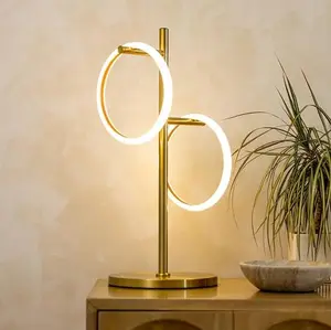 Brightech Saturn Modern Table Lamp - Contemporary Arc Desk Lamp with 2-Circle Ring-Style Pendant - Alexa Compatible Nightstand Beside The Couch Lamp with Arching Pole Matches Living Room Décor