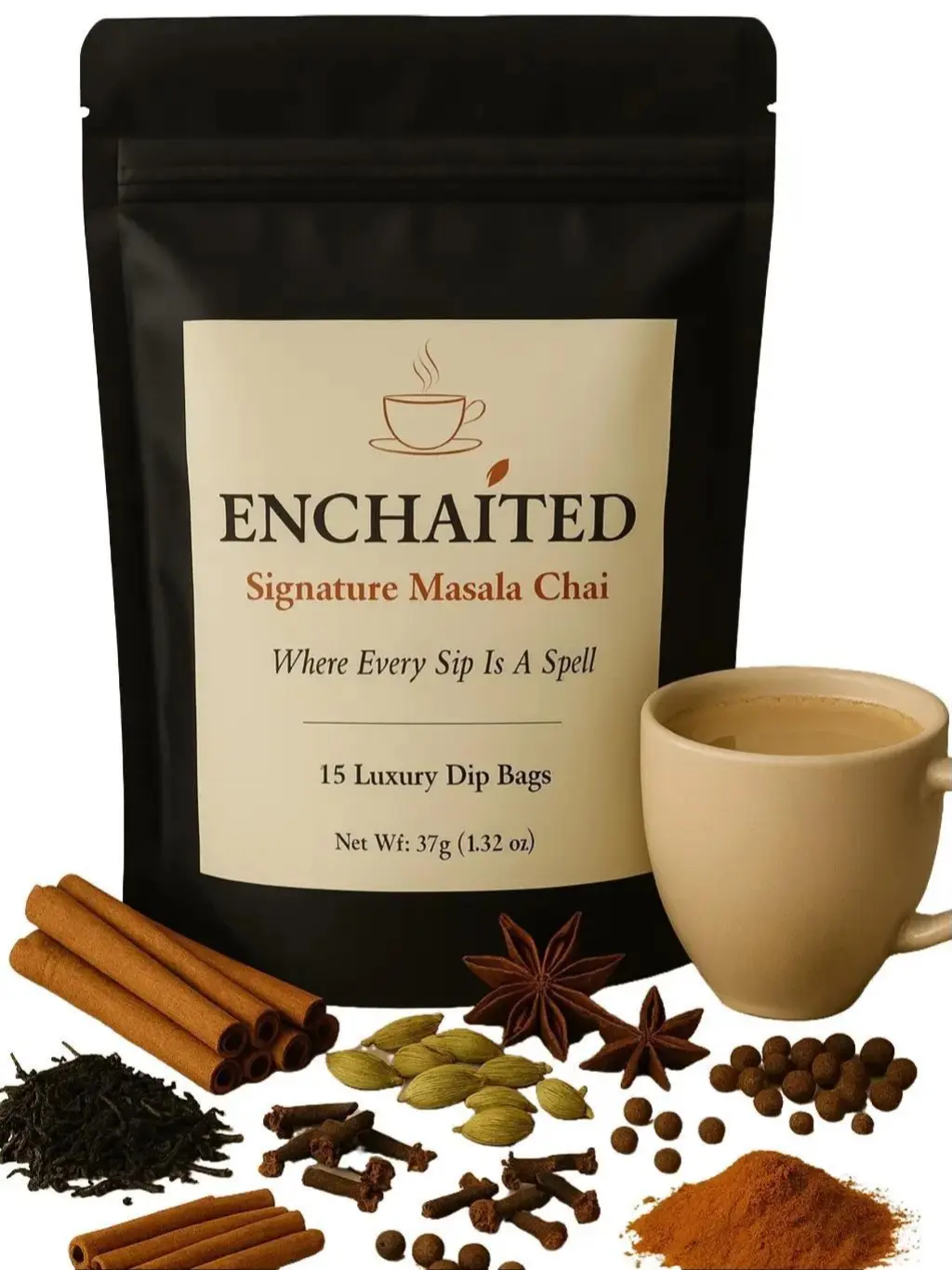 Enchaited Signature Masala Chai – 15 Premium Dip Bags | Authentic Indian Chai, 7 Spices, Rich Flavor