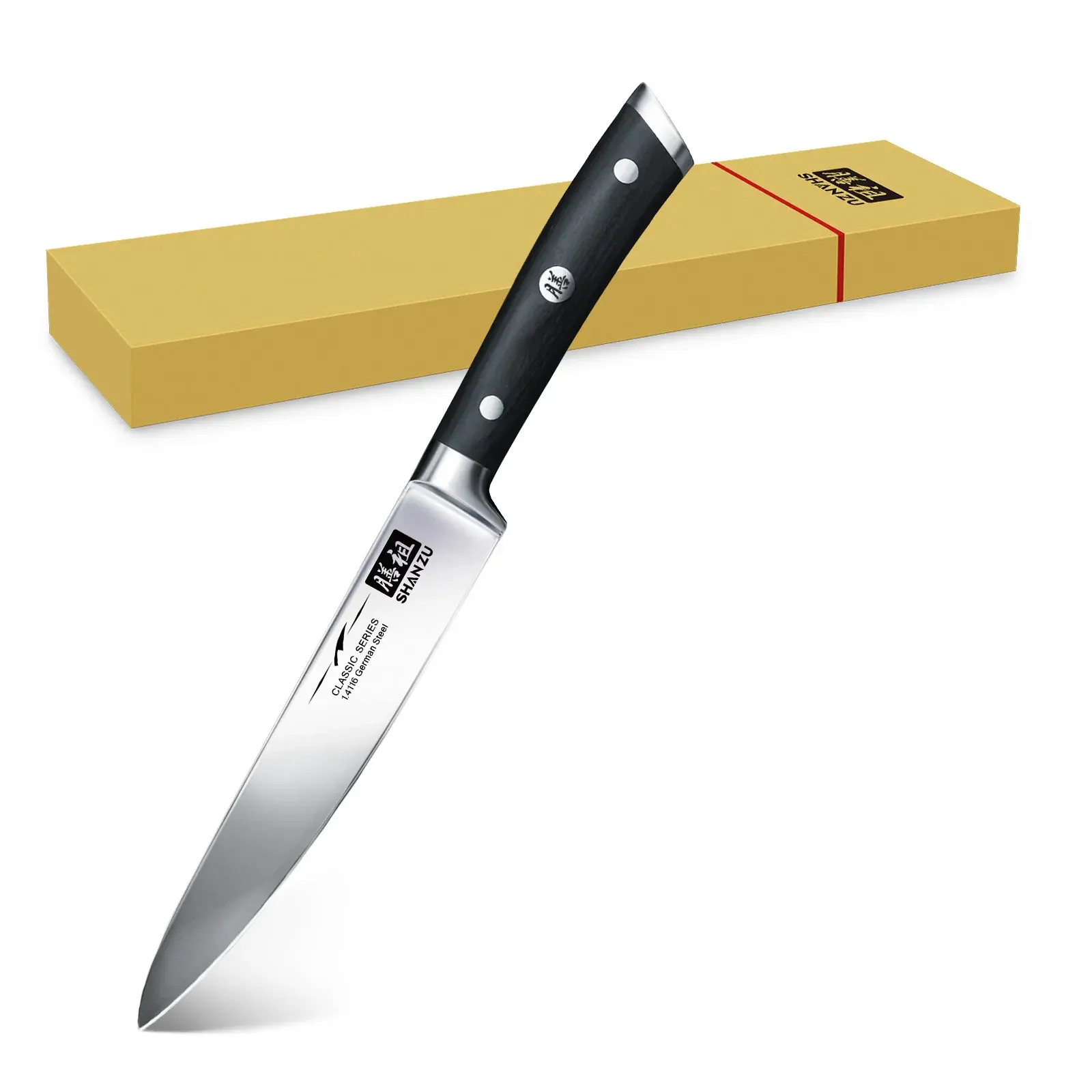SHAN ZU Classic 6-in Utility Knife, German High Carbon 55-57 HRC Steel Blade, Utility Shape, Light Agile, Ergonomic Comfort Handle, Embossed End Cap, 6-in Midsize Control Kitchen Knife sohochic