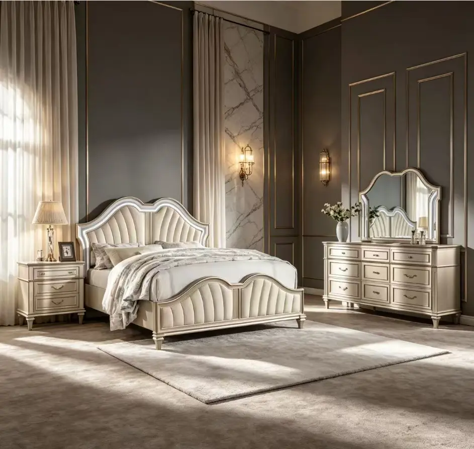 Bellemave 4-Pieces Contemporary Bedroom Furniture Set - Silver Oak Veneer Bed with Arch Headboard & Glimmering Panel, Indoor Home Bedroom Furnishings & Decor