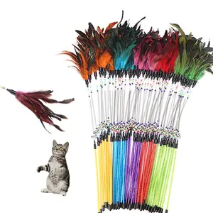 Interactive Spring Bell Cat Wand Toy with Feathers, Gold Powder Teaser Stick for Indoor Cats Boredom Relief, Colorful Kitten Beads Rod for Chasing and Hunting Play, Random Color Delivery