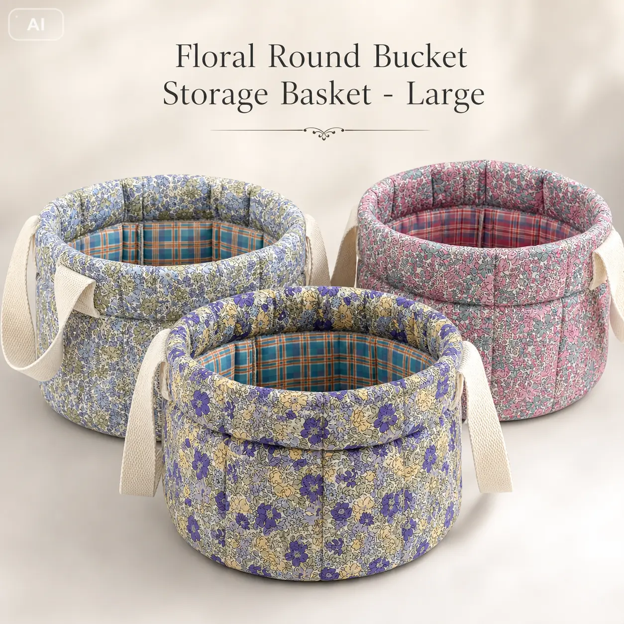 Small floral round basket storage container, quilted fabric tote storage basket, desktop cosmetics and miscellaneous items organizer basket