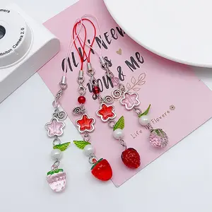 Phone Charms Strap-Pink Bow Strawberry Cherry Charm Strap Universal Lanyard Wrist Chain String for Phone Case