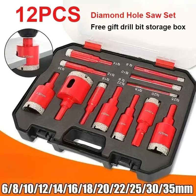 12-Piece Multi-Size Diamond Drilling Bits Set, Dry/Wet Use Hollow-Core Wear-Resistant Power Tool Accessory for Ceramic, Glass, Granite