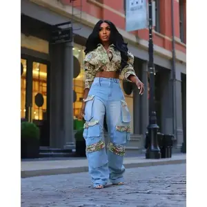 Washed Denim Women's Set Full Sleeve Floral Jacket and Pockets Cargo Jeans Pants Suit 2025 Street Two 2 Piece Set Outfit Womenswear Trouser