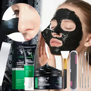 Bamboo Charcoal Blackhead Removal 4-Piece Set, Peel-Off Mask & Oil-Control Facial Wash with Mask Brush and Extractor Tools, Pore Care Skincare Kit for Oily & Combination Skin
