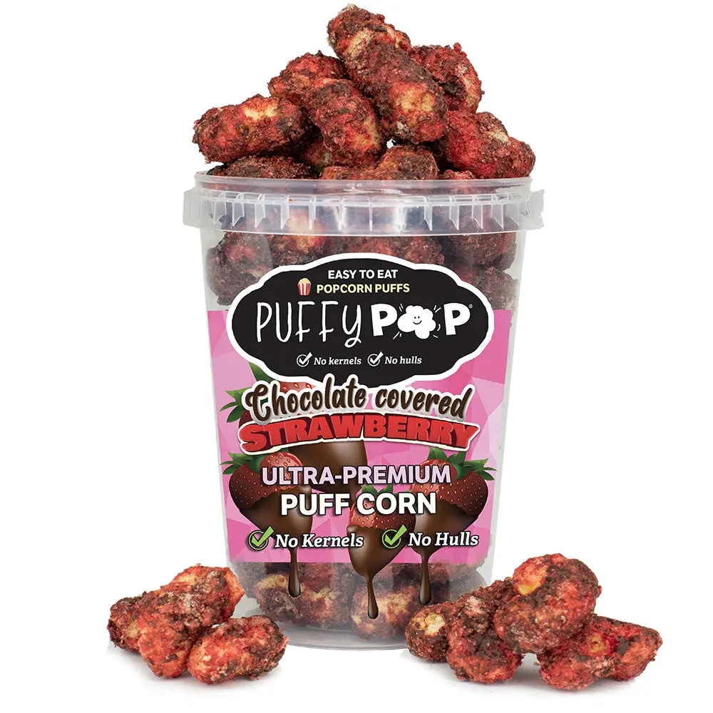 Chocolate-Covered Strawberry (GF) Puffy Pop Popcorn Puffs - No Kernels, No Hulls - Easy to Eat Snack