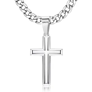 925 Sterling Silver Cross Necklace for Men Women| 5mm 316L Stainless Steel Diamond-Cut Cuban Link Curb Chain, Beveled-Edge Cross Pendant Jewelry, 16-30'' Baptism Gift