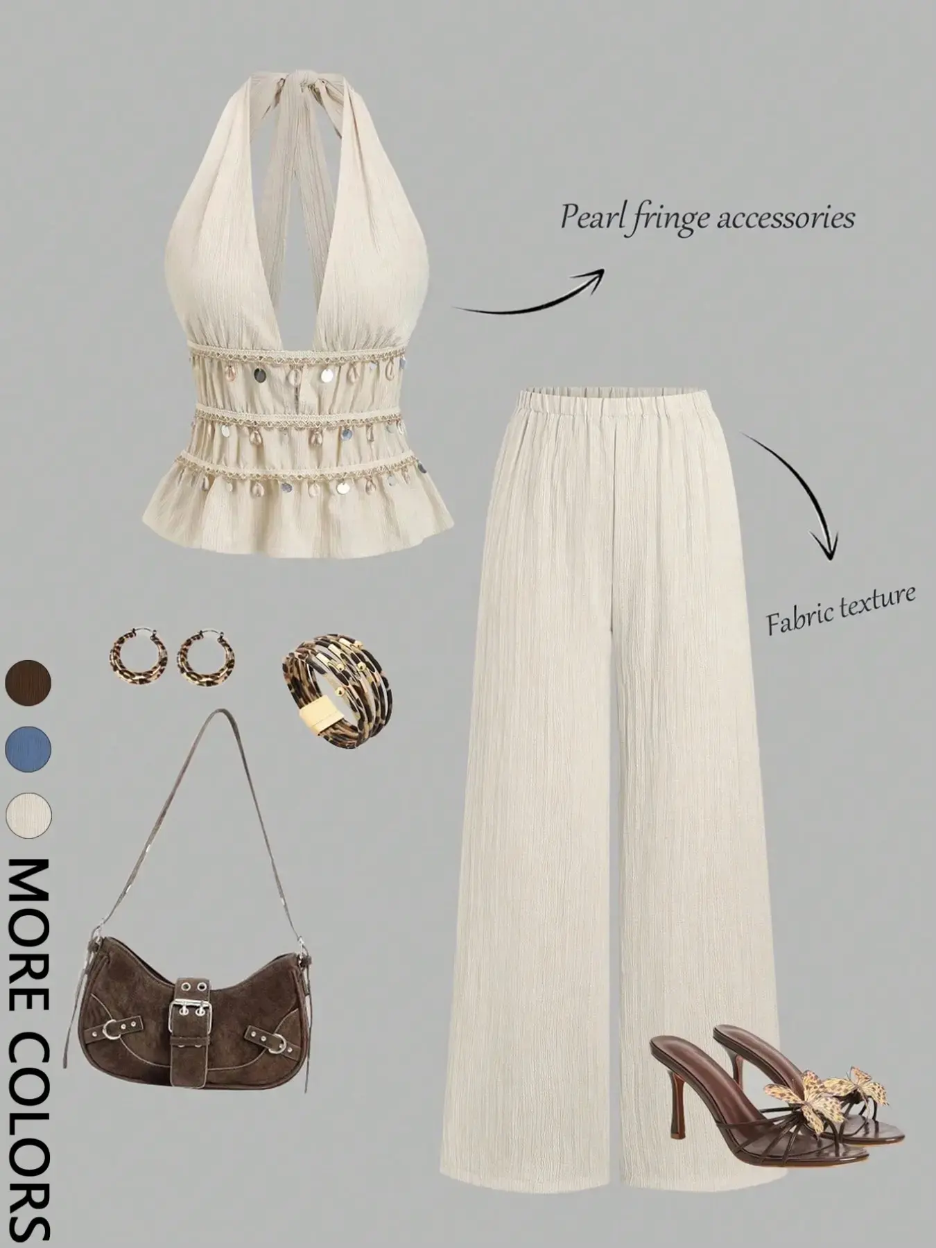 2026 Women's V-Neck Halter Sequin Top Wide Leg Pants Two-Piece Set Summer Vacation Chic Slim-Fitting Outfits