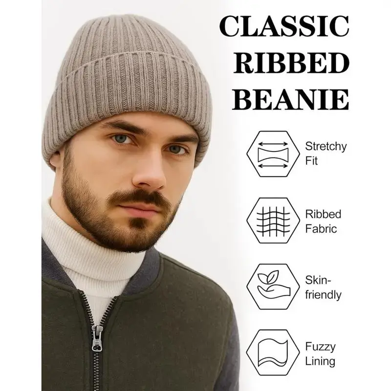 Men’s 3-Pack Fleece Lined Knitted Beanie Caps, Thermal Insulated Soft Stretchy Warm Headwear, Windproof Cold Weather Fashion Hats Ideal For Daily Walking Running Cycling All Kinds Of Outdoor Sports In Winter