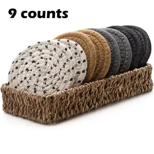 Boho Style Coaster Set with Basket, 8 Counts Round Woven Coaster, Absorbent Insulating Coaster for Coffee Table  Decor
