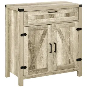 HOMCOM Sideboard with Storage Drawer, Modern Farmhouse Kitchen Cabinet with 2 Barn Doors, Coffee Bar Cabinet, White Oak