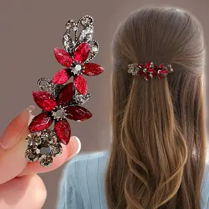 Women's High-End New Year Red Plain Casual Crystal Rhinestone Flower Duckbill Hair Clip - Bangs & Side Hair Pin