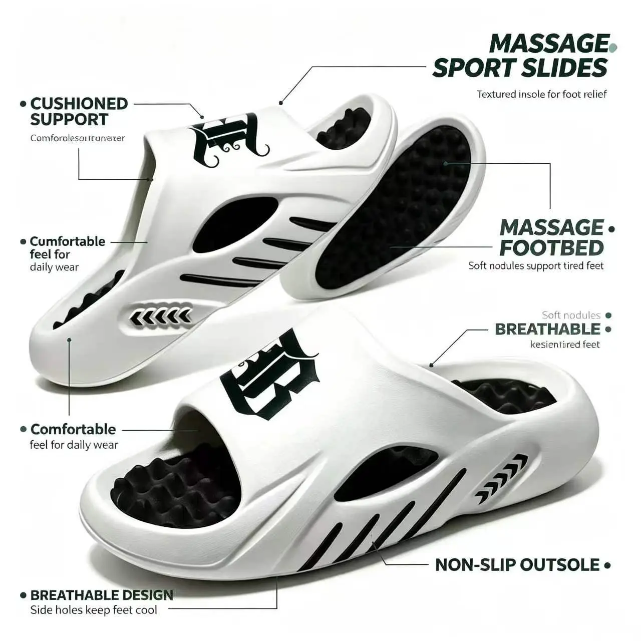 Men’s Thick Platform Massage Striped Slip-On Slippers - Holiday Footwear, Round Toe, Breathable EVA, Non-Slip Shock-Absorbing Cushion Sole, Waterproof Quick-Dry, Ankle Support, Modest Chic Preppy Unisex Design for Indoor Shower, Outdoor Use
