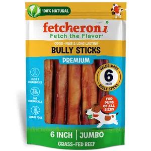 Jumbo Bully Sticks for Dogs 6"- Naturally Cleans and Strengthens Teeth - Rawhide Free Dog Chews Long Lasting - Lasts 50% Longer Than a Standard Bully Stic