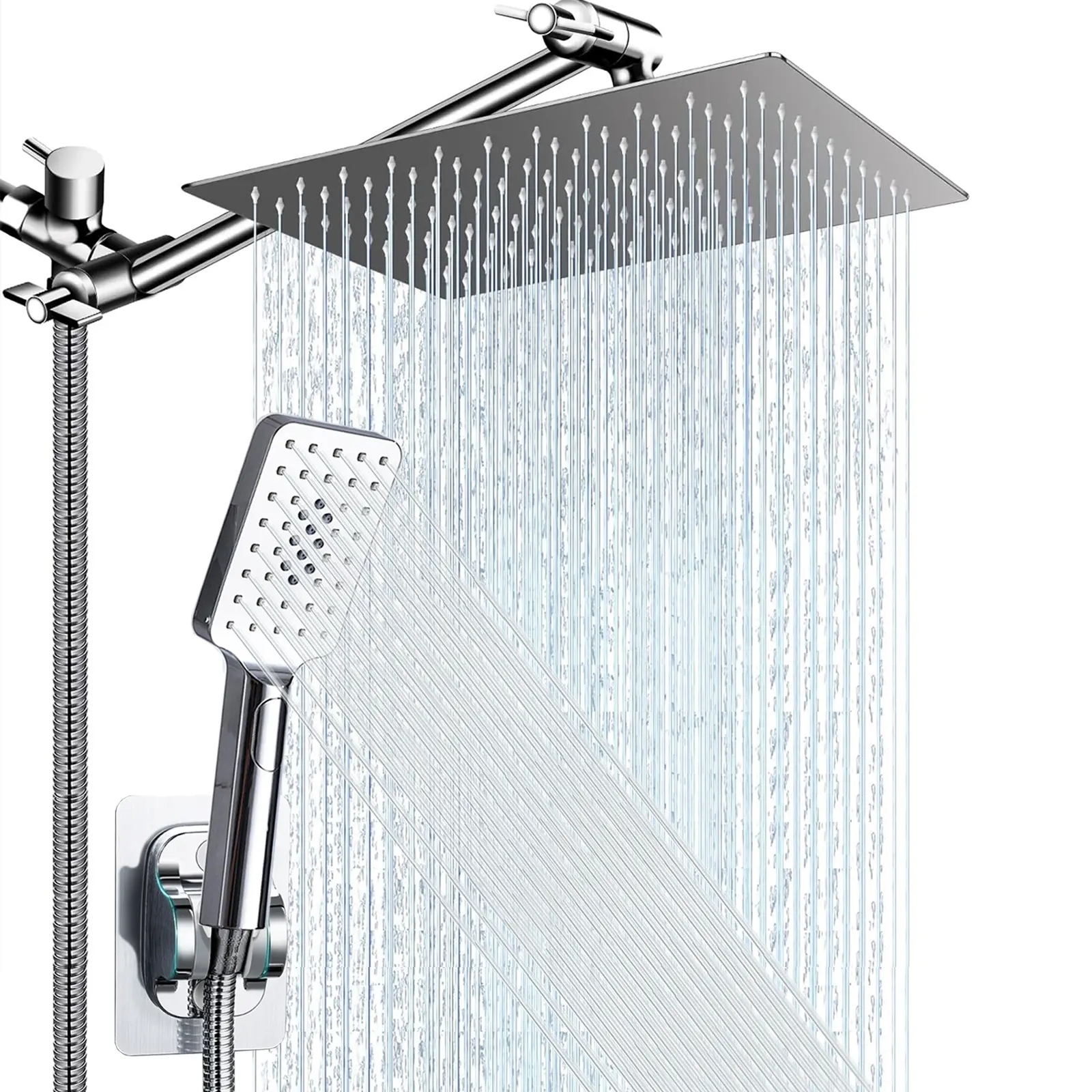 Rain shower head with handheld spray,10''High Pressure Rainfall Shower Head / 3 Setting Handheld Shower head Combo with 11'' Extension Arm and 78" Extra Long Hose/Square Rain shower head