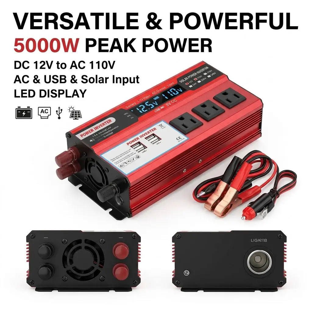 5000W Peak Car Power Inverter DC 12V to 110V AC, With 3 AC Outlets Dual 2.4A USB Ports LED Voltage Display, Comes With Car Plug & Battery Clamps, Portable Vehicle Power Converter For RV Van Life Camping Road Trip Blackout Emergency Backup Power Supply