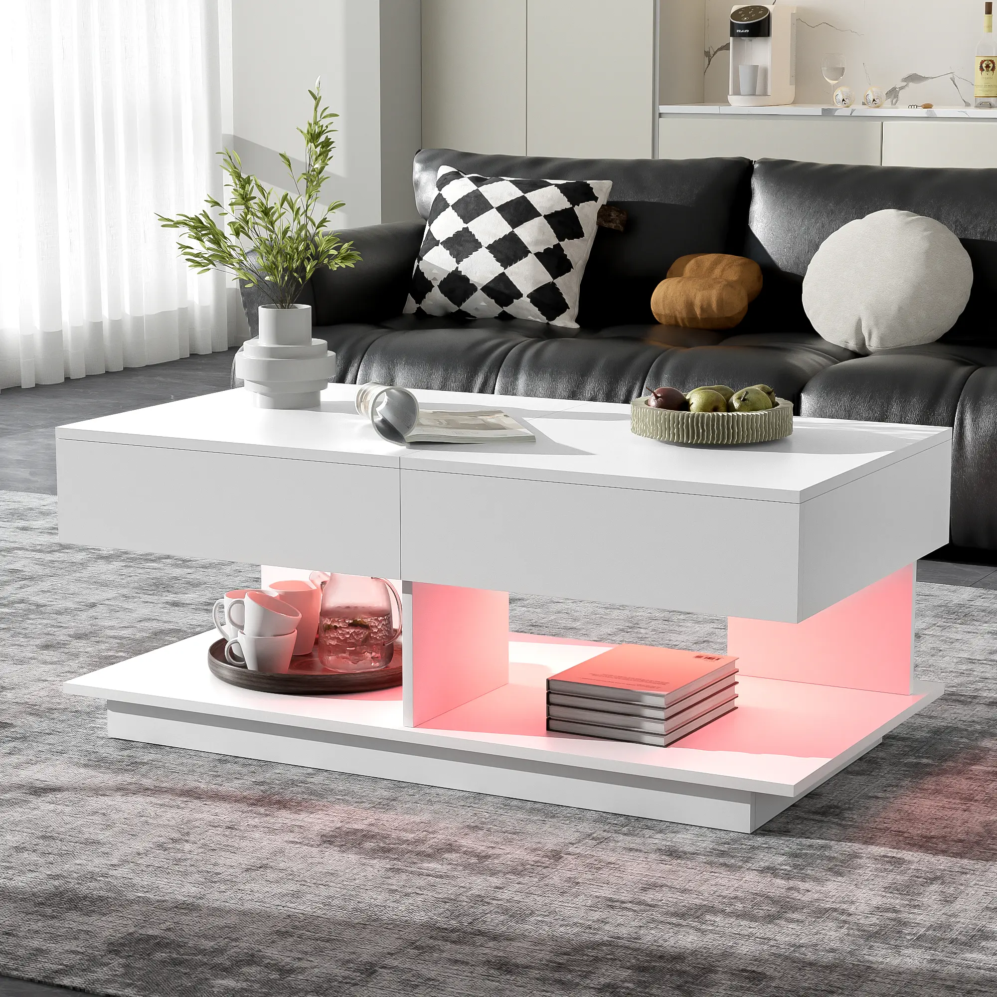 Extendable LED Coffee Table with 16-Color Bluetooth App Control & Hidden Storage, Multifunctional Adjustable Table for Living Room, White
