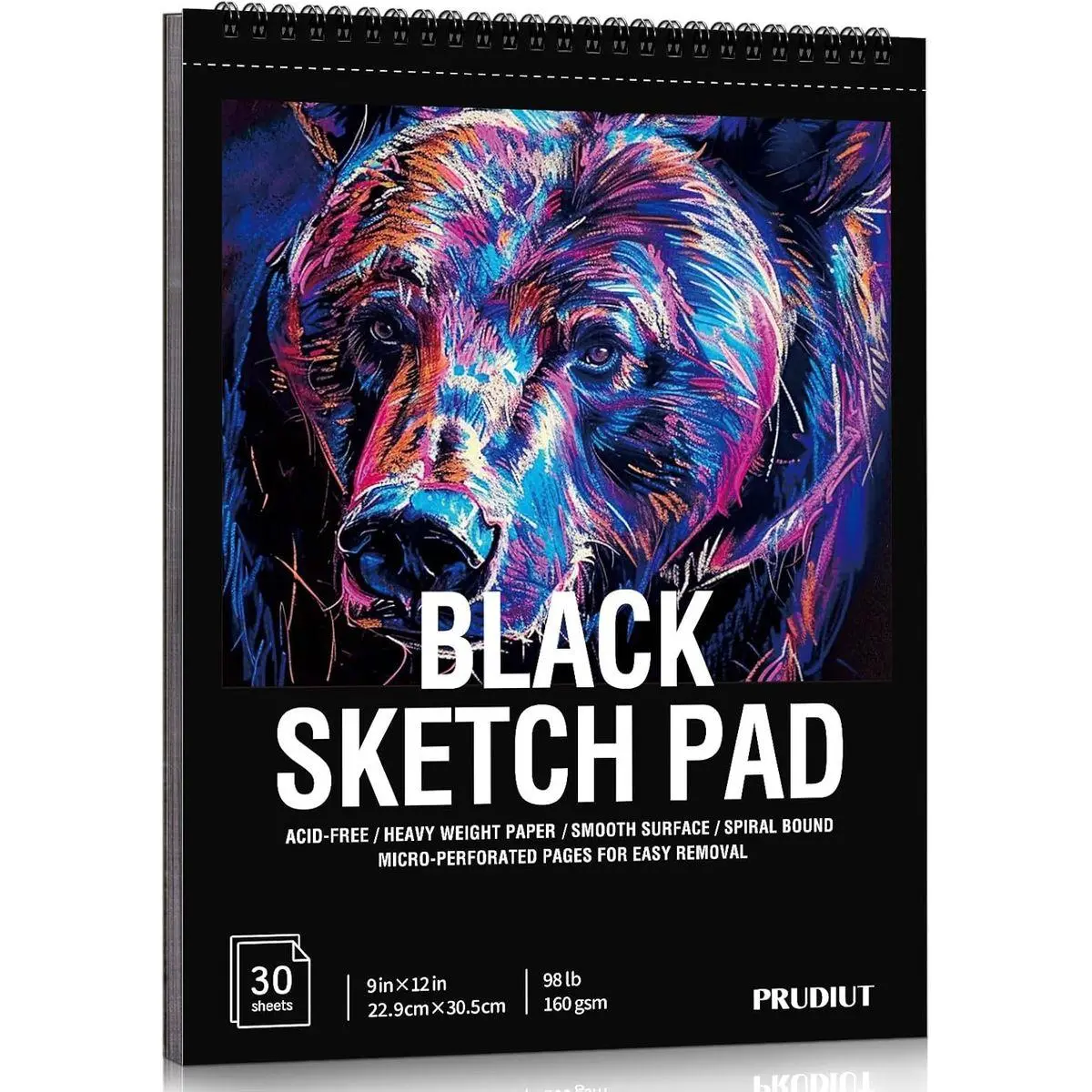 30 Sheets Black Paper Sketchbook, 98lb/160gsm Heavyweight Black Sketch Pad 9×12in, Acid-Free Drawing Paper, Spiral Bound Sketch Book for Kids, Teens, Artist