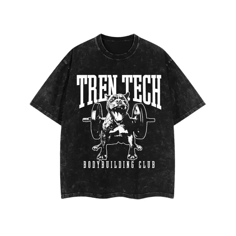 Men's Casual Vintage Graphic Tshirt - Tren Tech Lifting Club Barbell Print, Washed Streetwear, Breathable Fabric, Retro Athletic Round Neck Shortsleeve Top for Workout Enthusiasts (Sizes 2XL, 3XL), Casual Printed