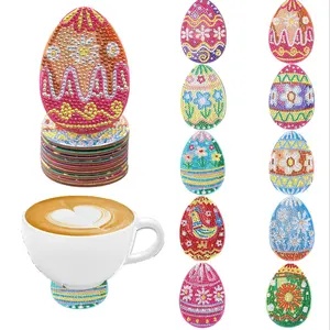 10-piece diamond painting set with five-color Easter egg theme pattern DIY diamond painting coasters, no cup holder, anti-slip wooden coasters, suitable for kitchen, office, coffee cup table decoration Diamond Art