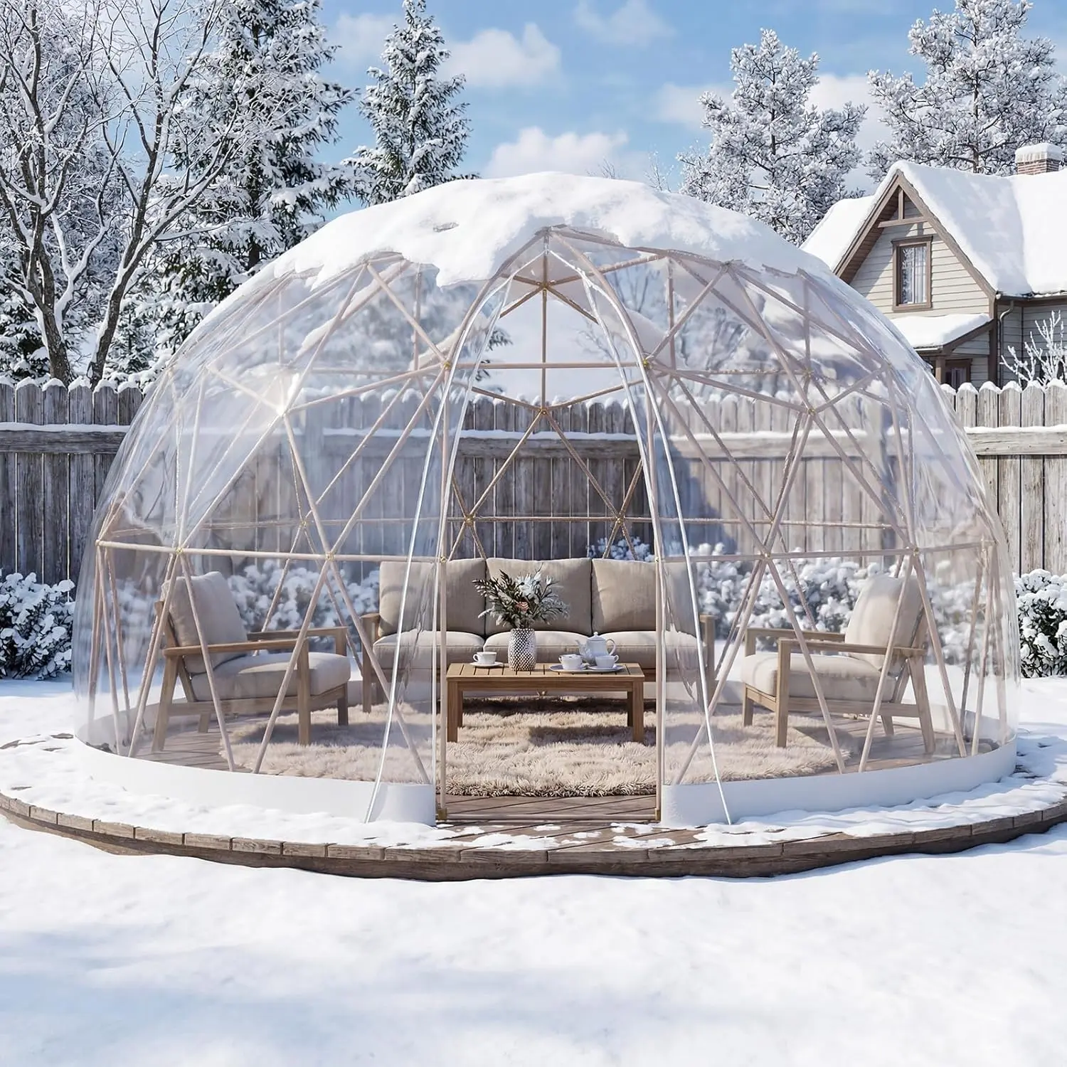 AECOJOY Outdoor Igloo Tent Dome for Winter, 12x12 Clear Bubble Tent for 4–7 People, Garden Plastic Globe House with Upgraded TPU Cover & PC Poles