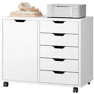 5 Drawer Wood File Cabinet Office Drawers Organizer with Wheels Rolliing, Under Desk Cabinets with Shelves and Door Printer Stand with Wood Board Metal Frame for Home Office Storage Craft Room, White