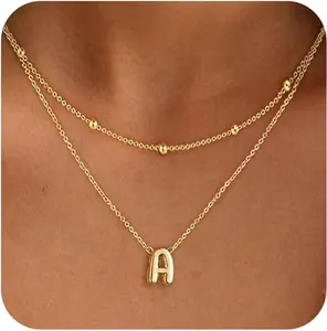 Layered Initial Necklaces for Women, Dainty Bubble Letter Necklace K Gold Plated Layering Initial Necklace Set Simple Gold Necklace Stack Cute Name Necklaces for Women Trendy Gold Jewlry